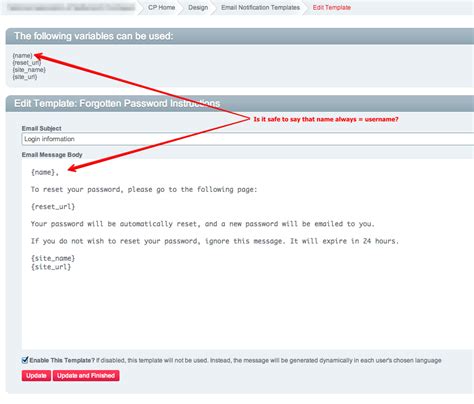 system messages - Does {name} always equal {username} in Forgotten Password template ...