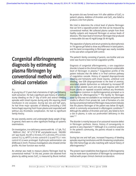 (PDF) Congenital afibrinogenemia diagnosis by estimating plasma fibrinogen by conventional ...