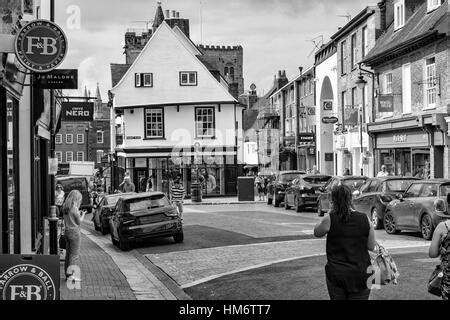 St Albans Town Centre with shops and St Albans Abbey Stock Photo - Alamy