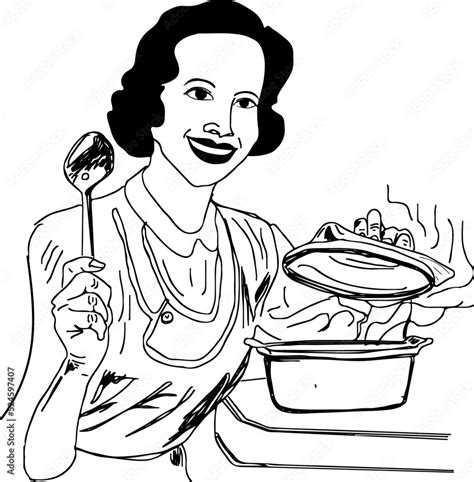 Smiling girl preparing food cartoon drawing, woman in kitchen line art vector silhouette ...