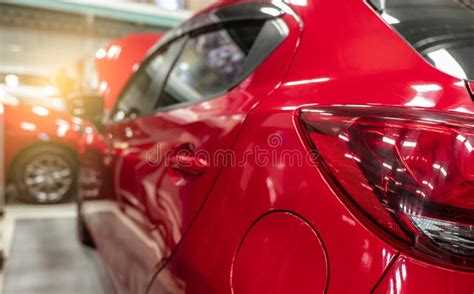 Rear View of Red SUV Car Parked in Car Repair Shop. Red Car in Workshop of Service Station ...