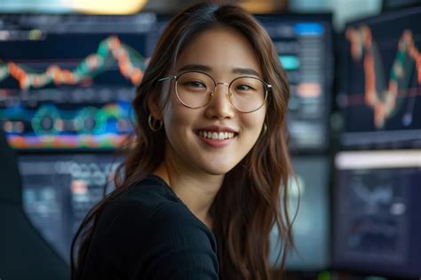 Premium Photo | Asian woman smiling confidently at table with computer screen showing stock ...