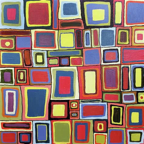 TIMES SQUARED RETRO Abstract of Squares in Red Blue Yellow Green Black Painting by Lynnie Lang ...