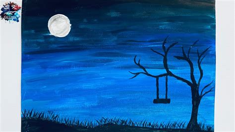 Moonlight Landscape painting in Acrylics / step by step / really simple and easy - YouTube