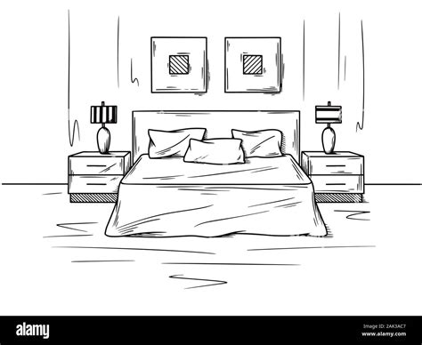 Realistic sketch of the bedroom. Hand drawn sketch of interior. Vector illustration Stock Vector ...