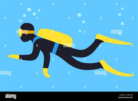 Scuba diving cartoon vector illustration. Diver swimming underwater on blue background Stock ...