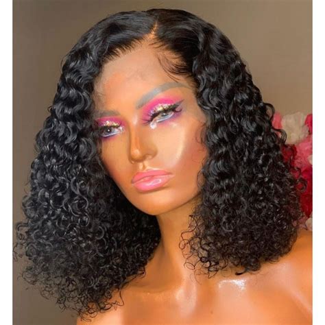 Emily-Brazilian human hair middle part curly bob hair glueless 360 lace frontal wig preplucked ...