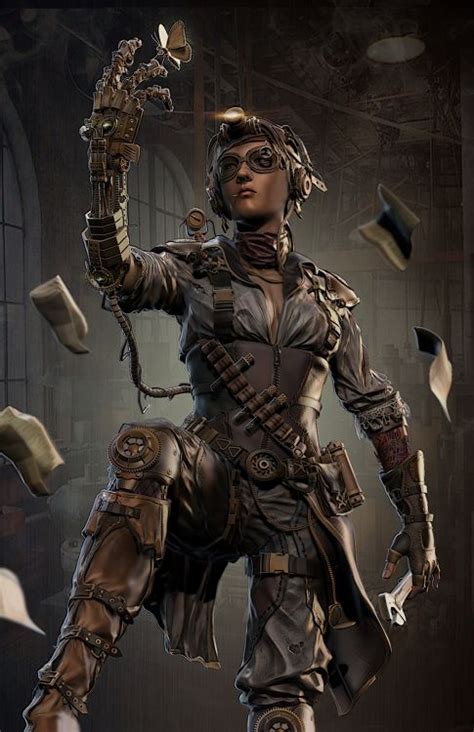 a woman dressed in steampunk clothing and holding a glove with her right hand