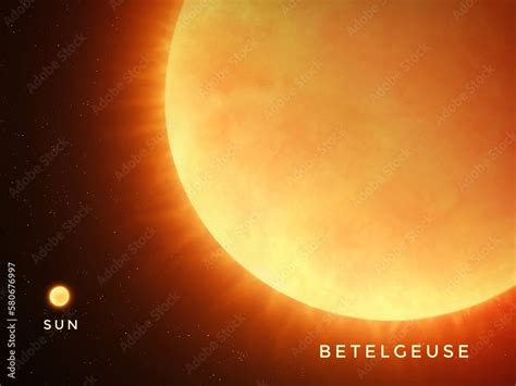 Betelgeuse star and sun isolated on black background. Comparison of a red supergiant and a ...