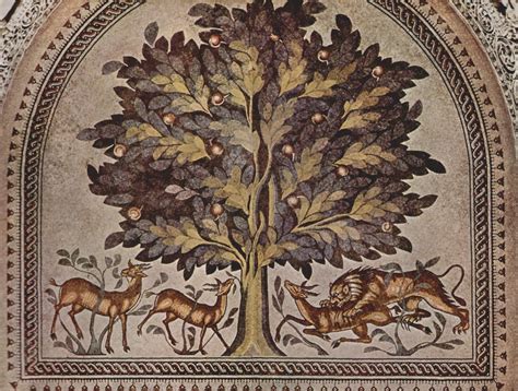 Umayyad era "Tree of Life" mosaic, located in the audience room of the bath house at Hisham's ...