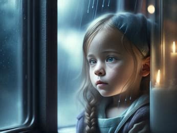 A little girl looking out a window at the rain Image & Design ID 0000286969 - SmileTemplates.com