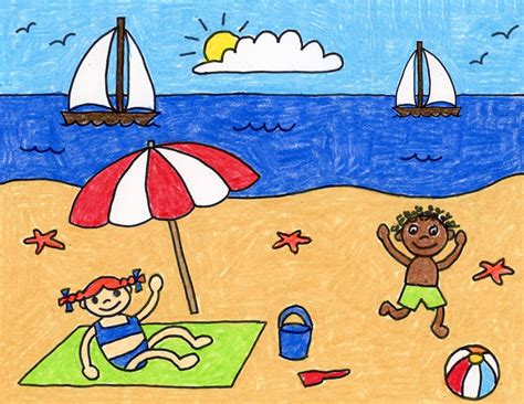 Easy How to Draw a Beach Tutorial Video & Beach Coloring Page