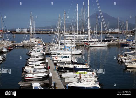 The Marina, Horta with Pico volcano in the background, The Azores Stock Photo - Alamy