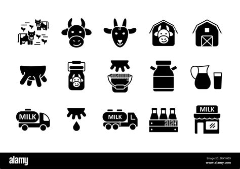 Milk vector glyph icons set. Dairy products sign. Graph symbol for cooking web site and apps ...