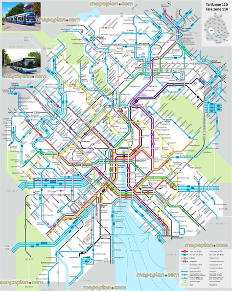 Zurich top tourist attractions map - Map of Zurich tram & bus - Public transport network system ...