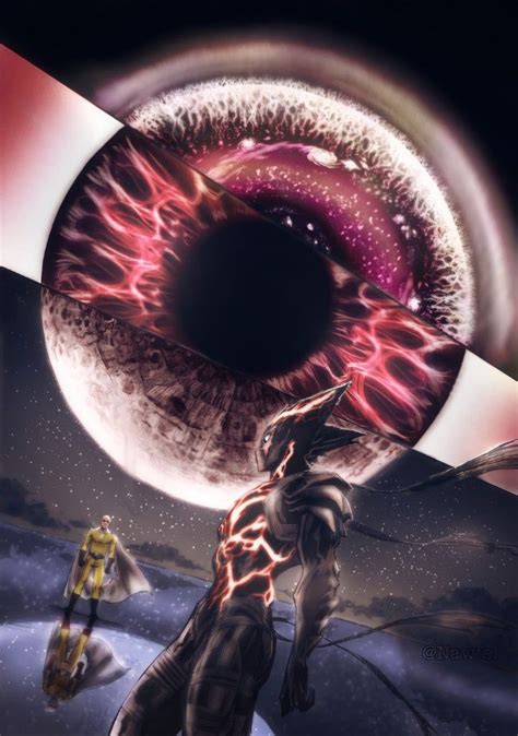 an image of a man standing in front of a giant eye with lightning coming out of it