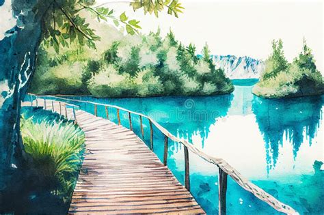 Watercolor Drawing of Beautiful View of Lake with Wooden Boardwalk Bridge, Green Trees, National ...