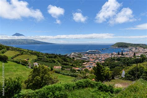 View over Horta to the Pico volcano / View over the town of Horta on the island of Faial, a ...