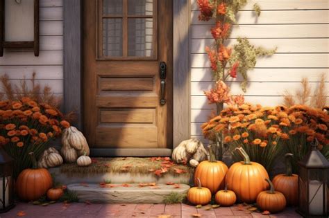 Premium AI Image | Autumnal front porch decor with pumpkins mums and 00008 00