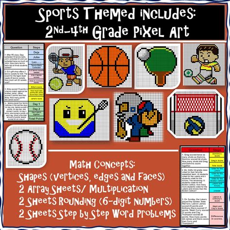 9 Pixel Art | Sports | 2nd-3rd Math | Digital Word Prob/Rounding/Arrays/Shapes | Made By Teachers