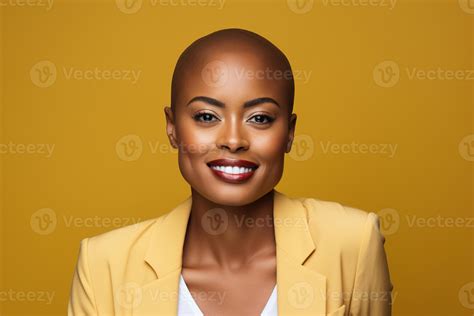 AI generated Portrait of smiling afro american bald woman on yellow background and looking at ...