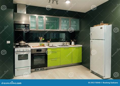 Interior of Modern Kitchen with Refrigerator Stock Illustration - Illustration of freeze, shelf ...