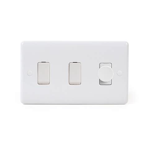 Lieber White Plastic 3 Gang Light Switch with 1 dimmer (2x 2 Way Switch & 250w Trailing Dimmer ...