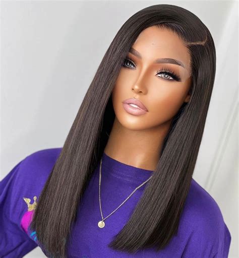 Bob Side Part Wig Bone Straight Mid Length Black Lace Closure - Etsy