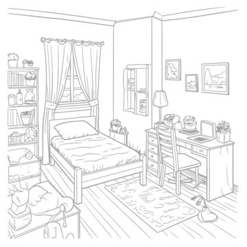 An Adult Bedroom Drawing Outline Sketch Vector, Wing Drawing, Bedroom Drawing, Bed Drawing PNG ...