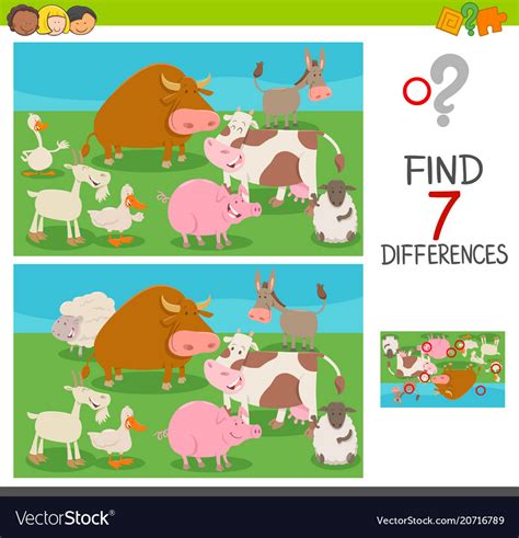 Differences game for kids with farm animals Vector Image