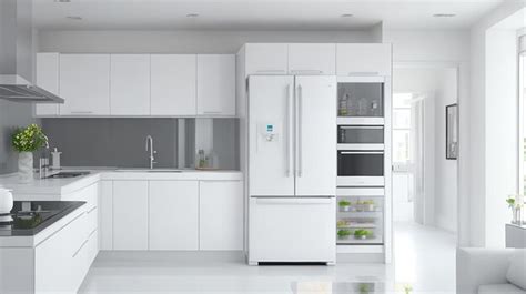 Premium AI Image | 3d rendering white modern design kitchen with fridge