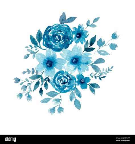 abstract floral background with blue flowers isolated on white, watercolor winter floral bouquet ...