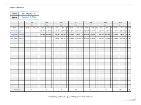 Free Employee Shift Schedule Template - Breeze Clock