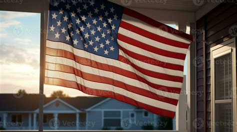 there is a large american flag hanging on a porch. generative ai. 28522449 Stock Photo at Vecteezy