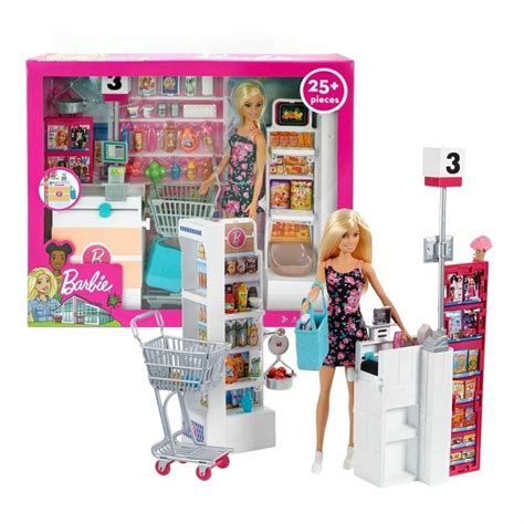 Barbie Supermarket Playset Barbie Blonde Doll 25+ pcs Shop Trolley Toy Girl Gift