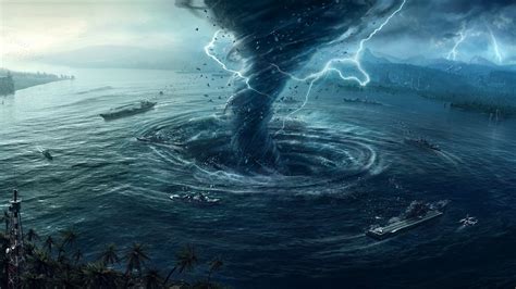 nature, Water, Digital Art, Sea, Tornado, Storm, Lightning, Ship, Mountain, Palm Trees, Vortex ...