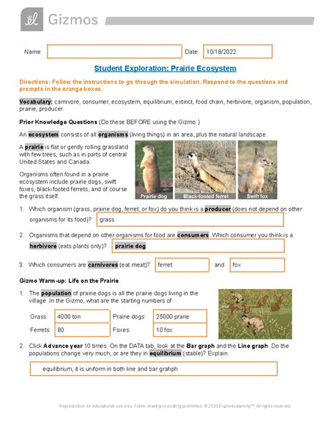 Prairie Ecosystem SE - Gizmo - Name: Date: 10/18/ Student Exploration: Prairie Ecosystem ...