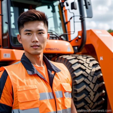 Asian Operator in Orange Dumper Truck | Stable Diffusion Online