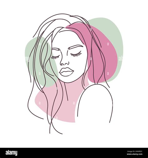 Aesthetic Beautiful Girl Face Hand Drawn Sketch in Line Art Style with Purple Green Fill Color ...