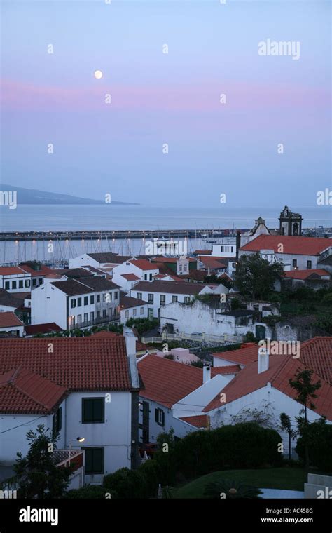 Moonrise over Pico volcano, seen from Horta, Faial island, The Azores islands, the Atlantic ...