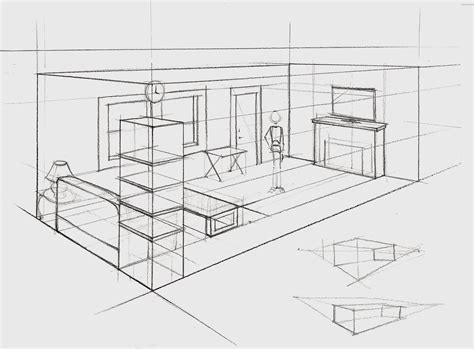 One Point Perspective Drawing Of A Bedroom