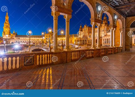 Night View of an Arcade at Plaza De Espana in Sevilla, Spain Stock Image - Image of staircase ...