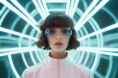 Premium AI Image | Futuristic portrait of a brunette wearing modern vr goggles against linear ...