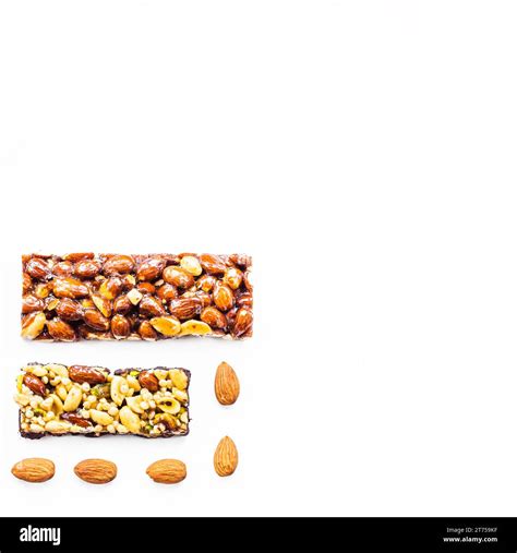 Dried fruits bar with space text white background Stock Photo - Alamy