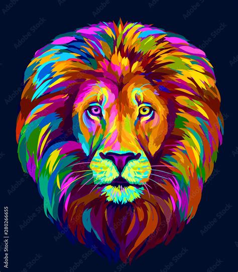 Lion. Abstract, multi-colored portrait of a lion's head on a blue background in pop-art style ...