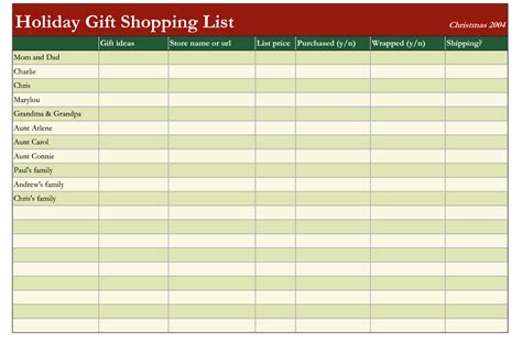 Christmas List Excel Template - Printable Calendars AT A GLANCE