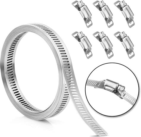 Hose Clamp Stainless Steel DIY 7.9 FT Metal Strapping with Holes + 6 Fasteners Large Adjustable ...