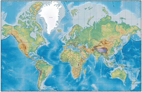 World Map with Land and Ocean Terrain with Country Names in French