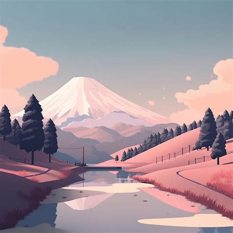 Premium AI Image | Simple stylised minimalist landscape in mountain drawing Generative AI