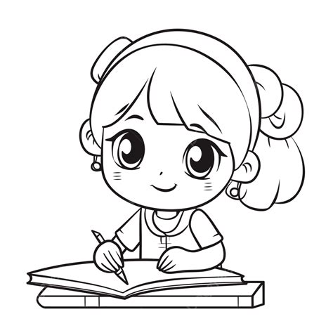 Girl Writing With Her Pencil Coloring Page Outline Sketch Drawing Vector, Wing Drawing, Girl ...